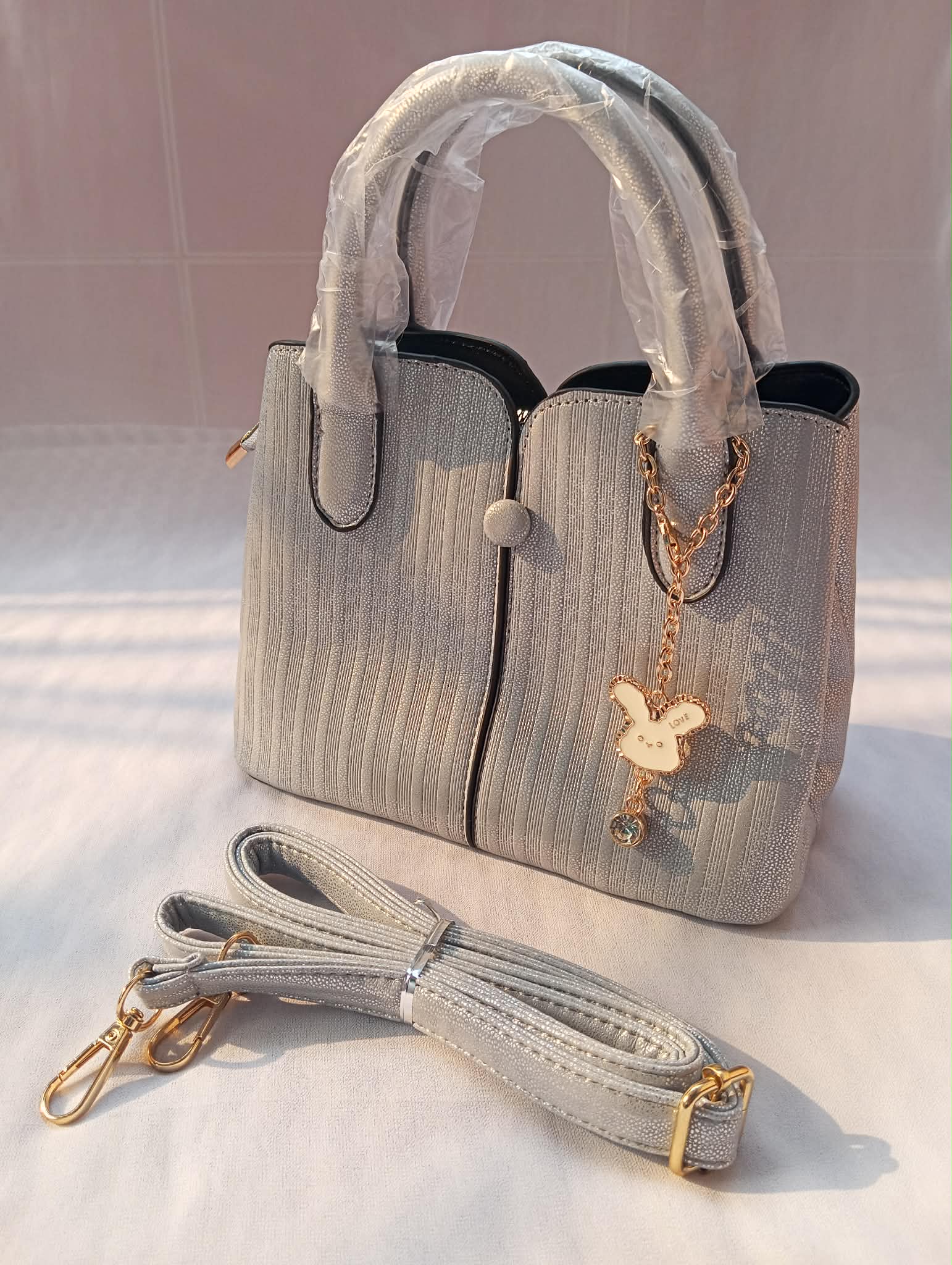 Silver Textured Bag with Rabbit Key-Chain - Image 2