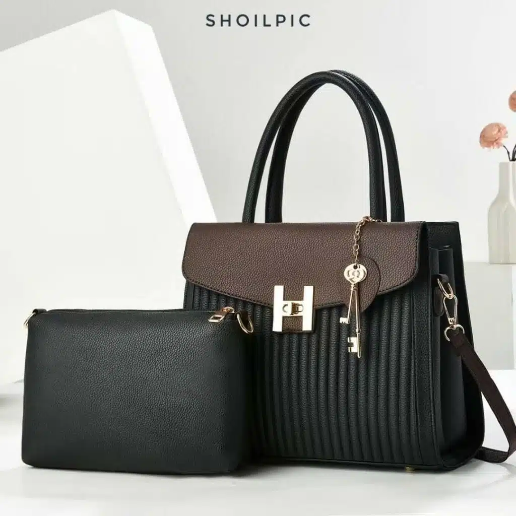 Two-Tone-Structured-Handbag-Set-with-A-Pouch|Shoilpic