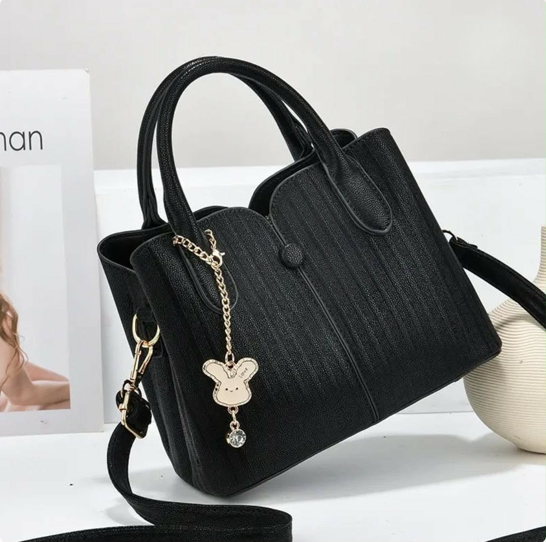 Black Textured Bag with Rabbit Key-Chain - Image 5
