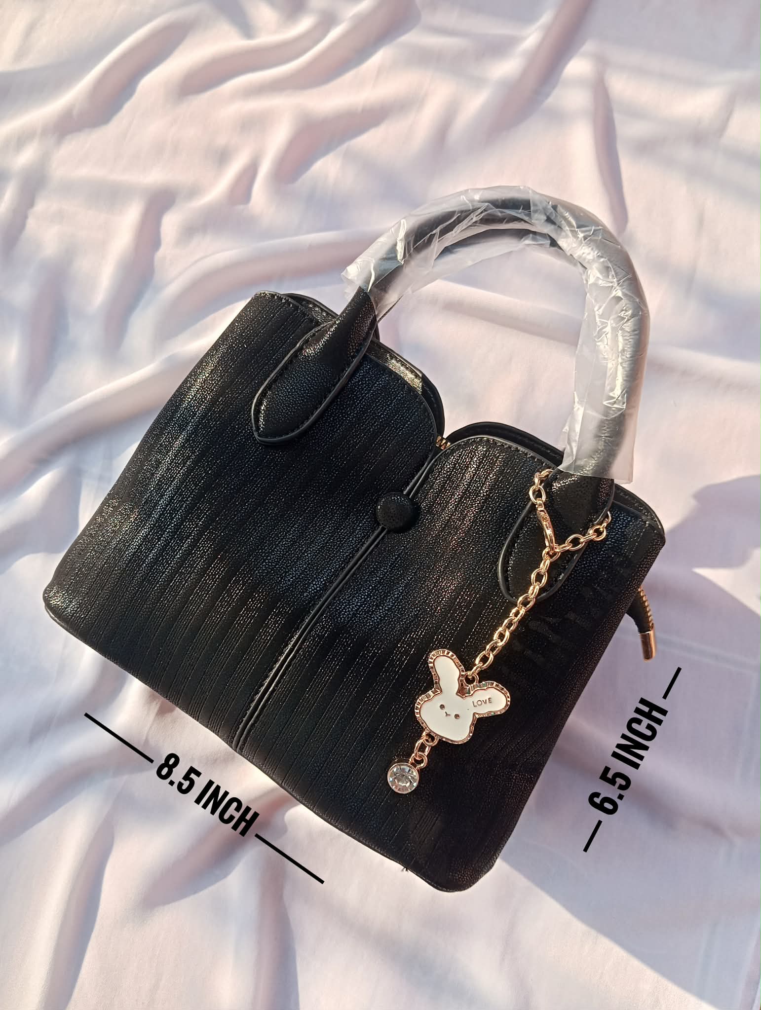 Black Textured Bag with Rabbit Key-Chain
