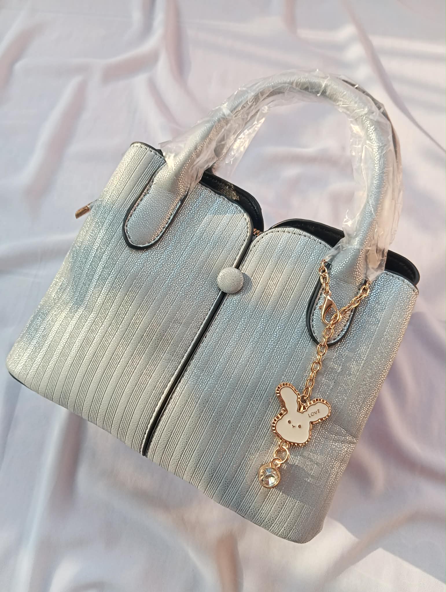 Silver Textured Bag with Rabbit Key-Chain - Image 3